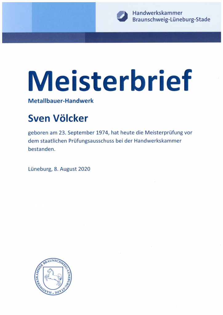 Meisterbrief Sven Völcker Metallbauer Handwerk