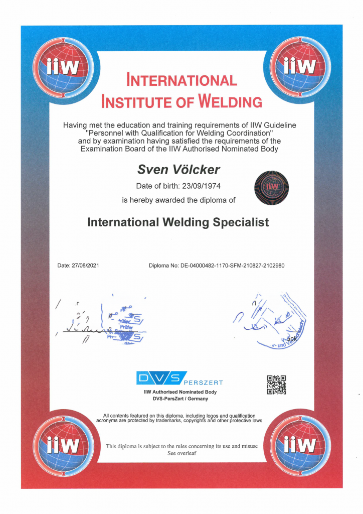 Schweissfachmann Zertifikat Sven Völler Metallgestaltung